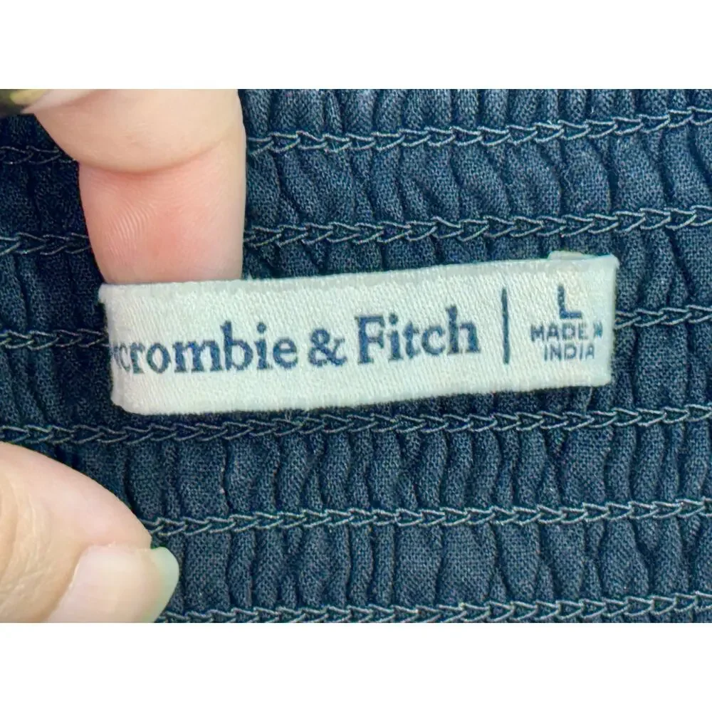 Abercrombie & Fitch Black Sheer Ruched Peplum Smocked Puff Sleeve Crop Top Sz L